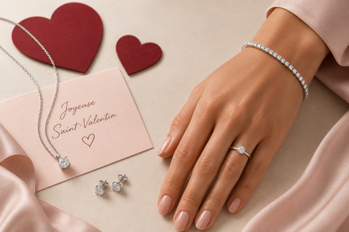 Bague, bracelet tennis, pendentif et boucles d’oreilles en diamant de synthèse pour la Saint-Valentin